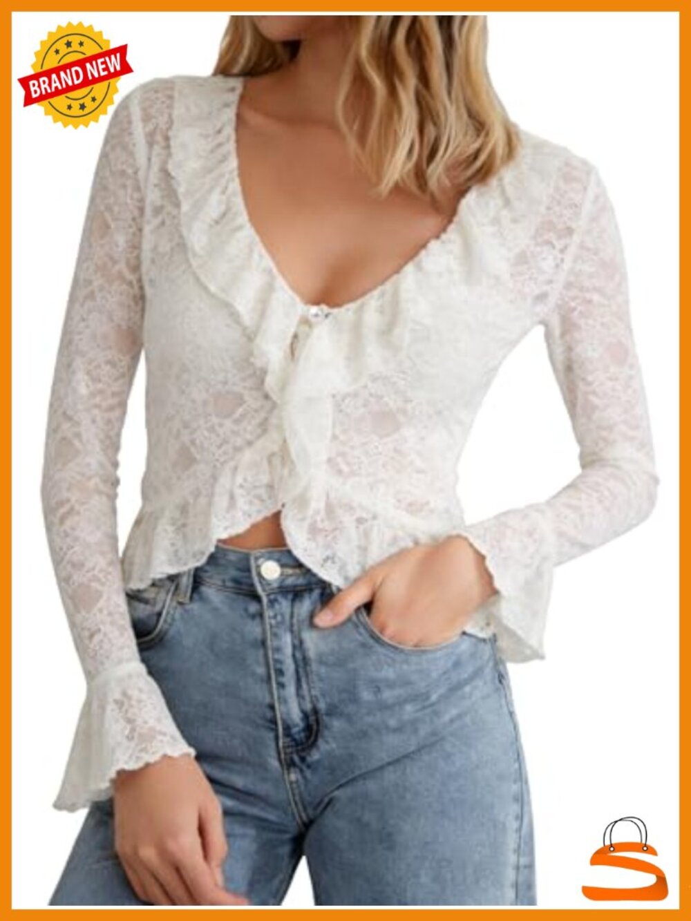Sheer Mesh Lace Crop Top - Open Front Button Bell Sleeve Ruffle Trim Blouse